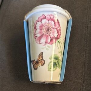🎉🎉HP🎉🎉Lenox Butterfly Meadow Collection Floral Ceramic Travel Mug 10 Oz  nwt